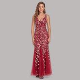 Dress Sleeveless V-neck Embroidery Sequin Slim Fishtail Bridesmaid Evening Dress for